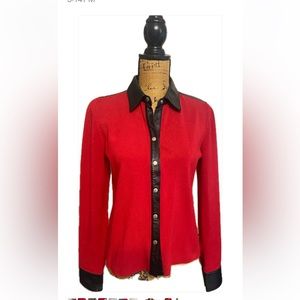 Cables & Gauge Silk and Cotton Blend Red Snap-Up Women's Top w/ Leather accents